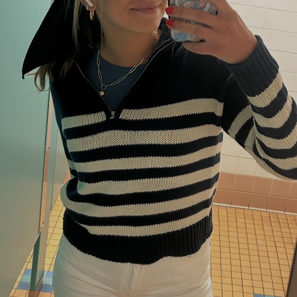 Francesca's Collections Black and White Striped V-Neck Sweater